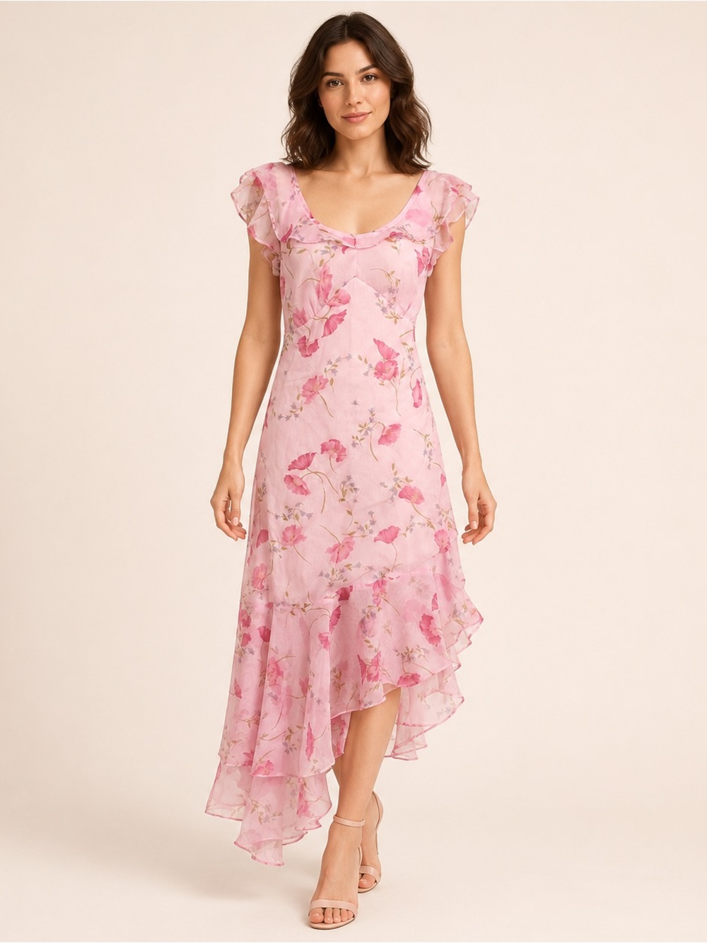 Floral Pink Ruffle High-Low Dress